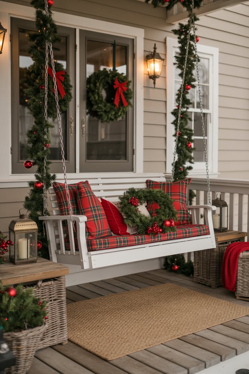 colonial style home with wreaths and red bows on every window fresh garland and potted evergreens