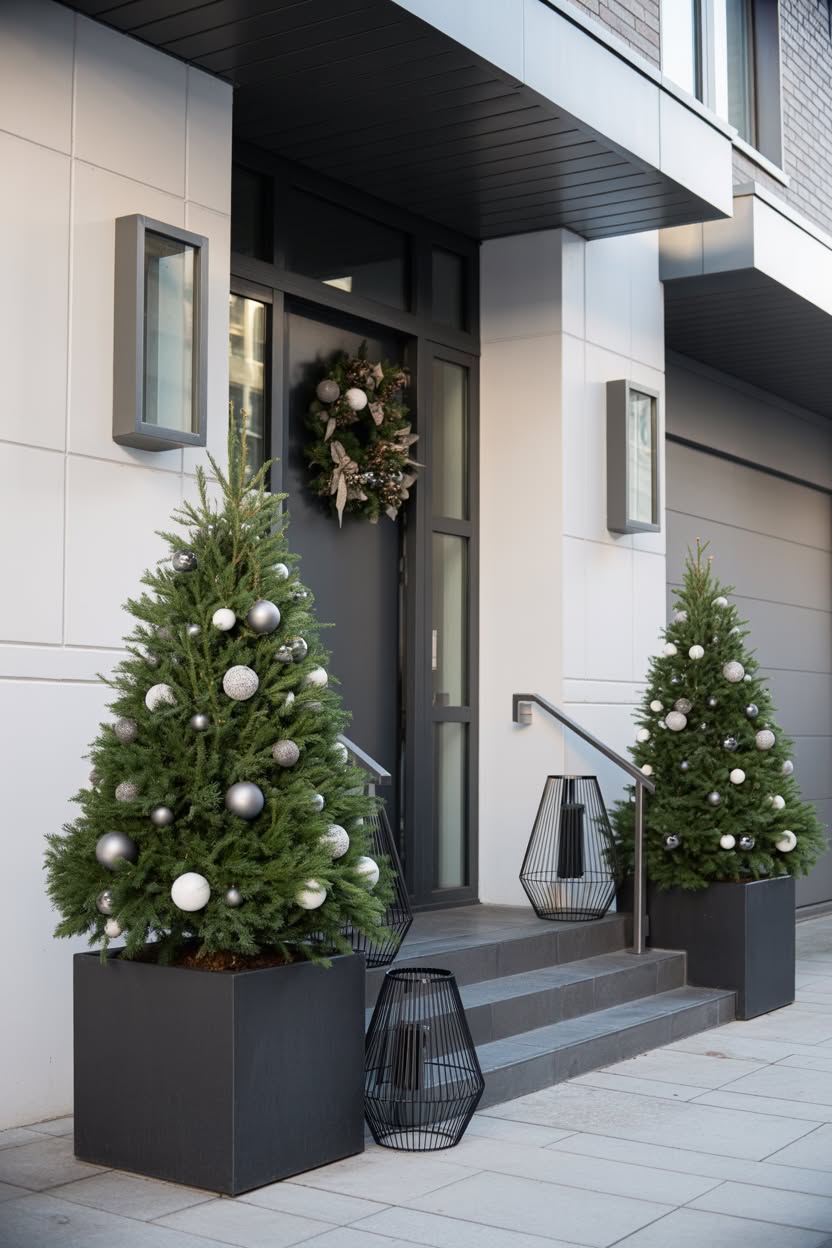 city townhouse entrance with matching wreaths on dark doors potted tree with lights and garland on railings