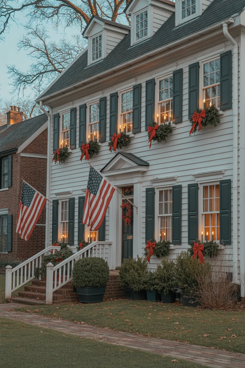 victorian porch with ornate columns wrapped in garland with red and gold ornaments plus poinsettias