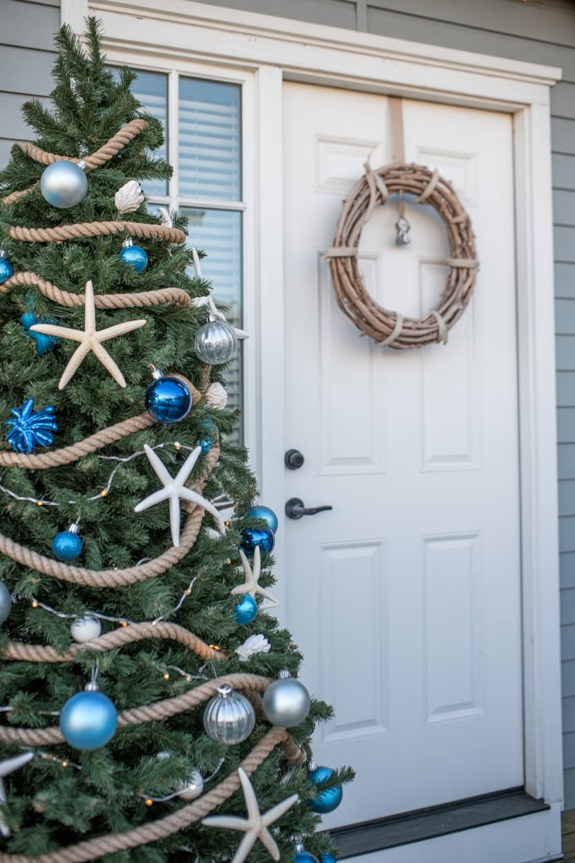farmhouse yard with wooden reindeer cutout wagon wheel decorated with wreath hay bales and red barn star