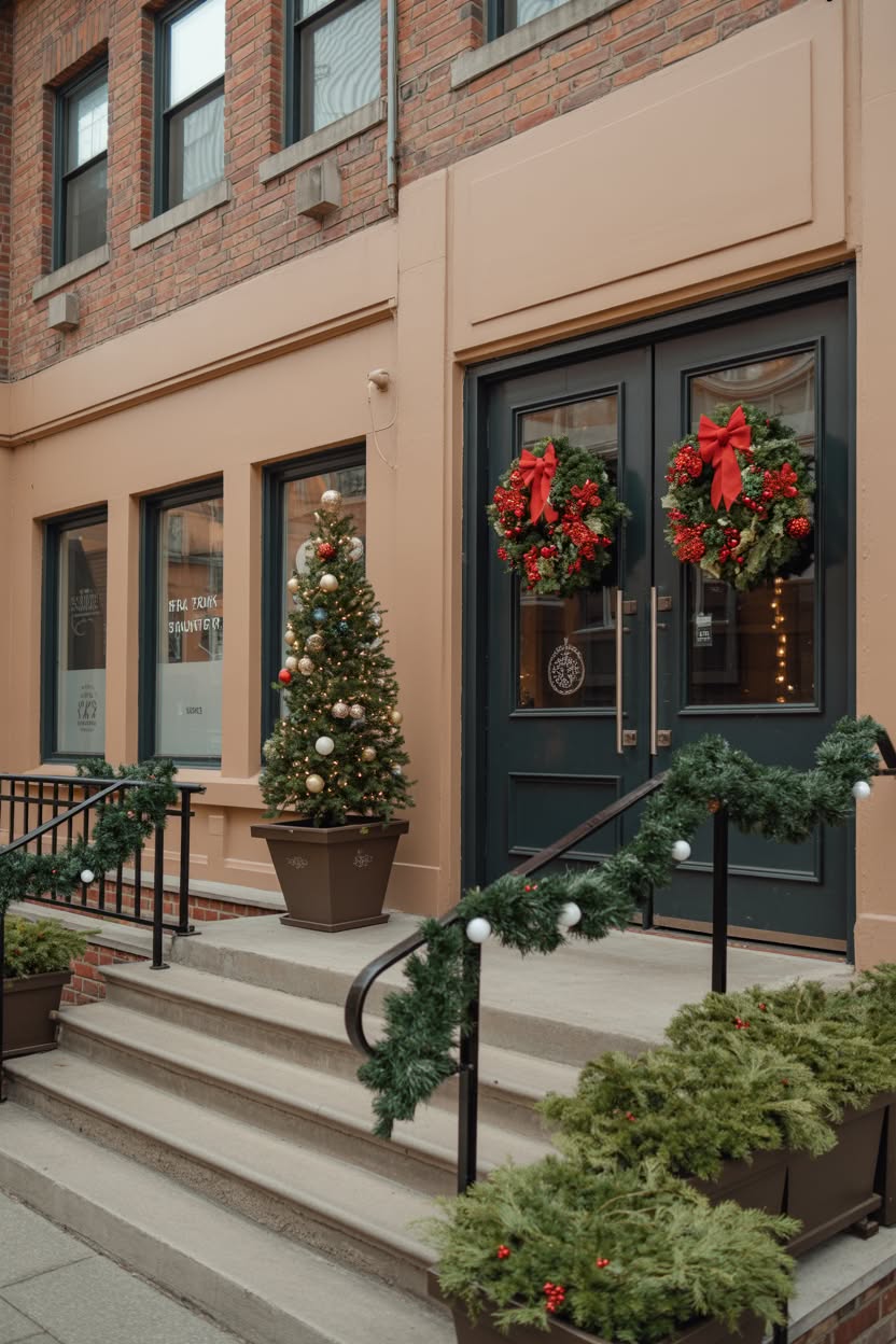 modern home entrance with matching evergreen trees in gray planters silver ornaments and simple wreath