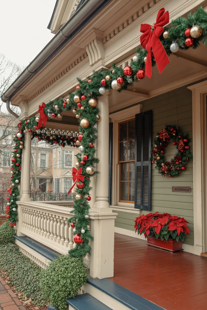 colonial home with american flags wreaths with red bows on windows and potted evergreens on brick steps