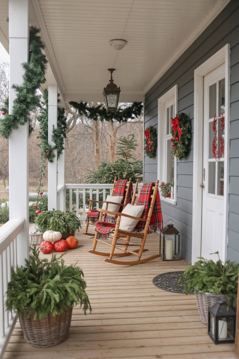 farmhouse porch with wooden rocking chairs plaid cushions fresh wreaths and evergreen garland decorations