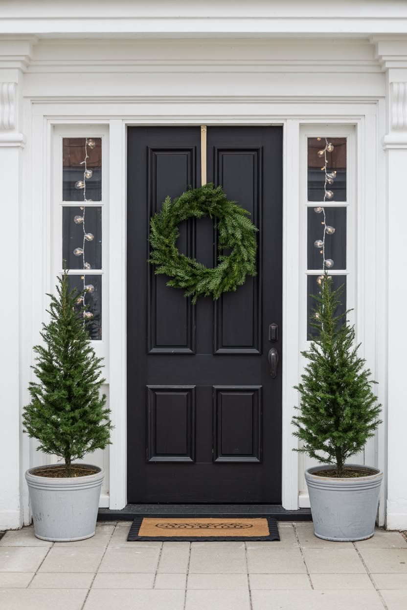 brick entrance with red door wreath flanked by potted evergreens with red bows and lanterns on steps