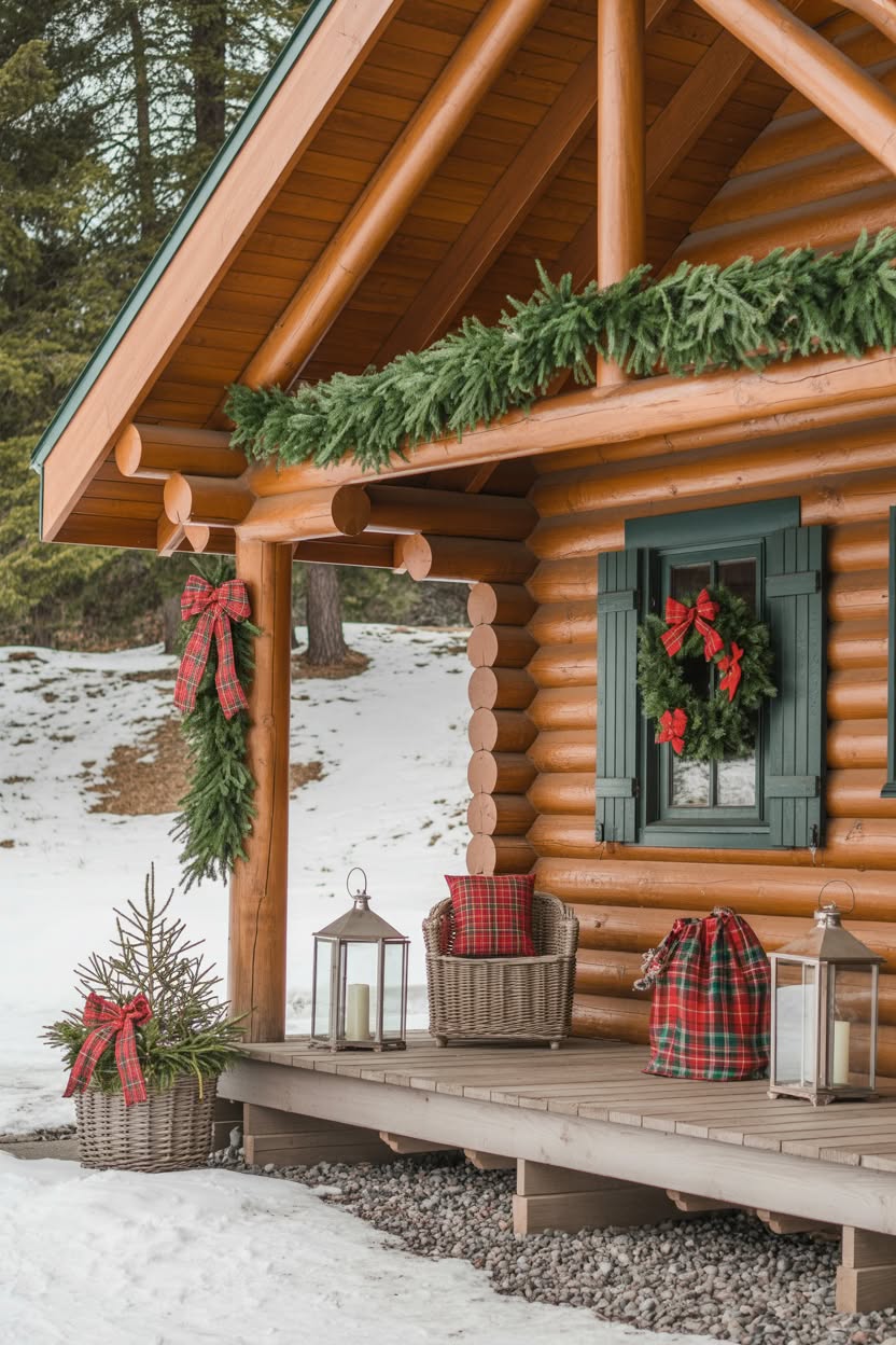 small balcony with potted evergreen tree wreath on door warm string lights and lanterns