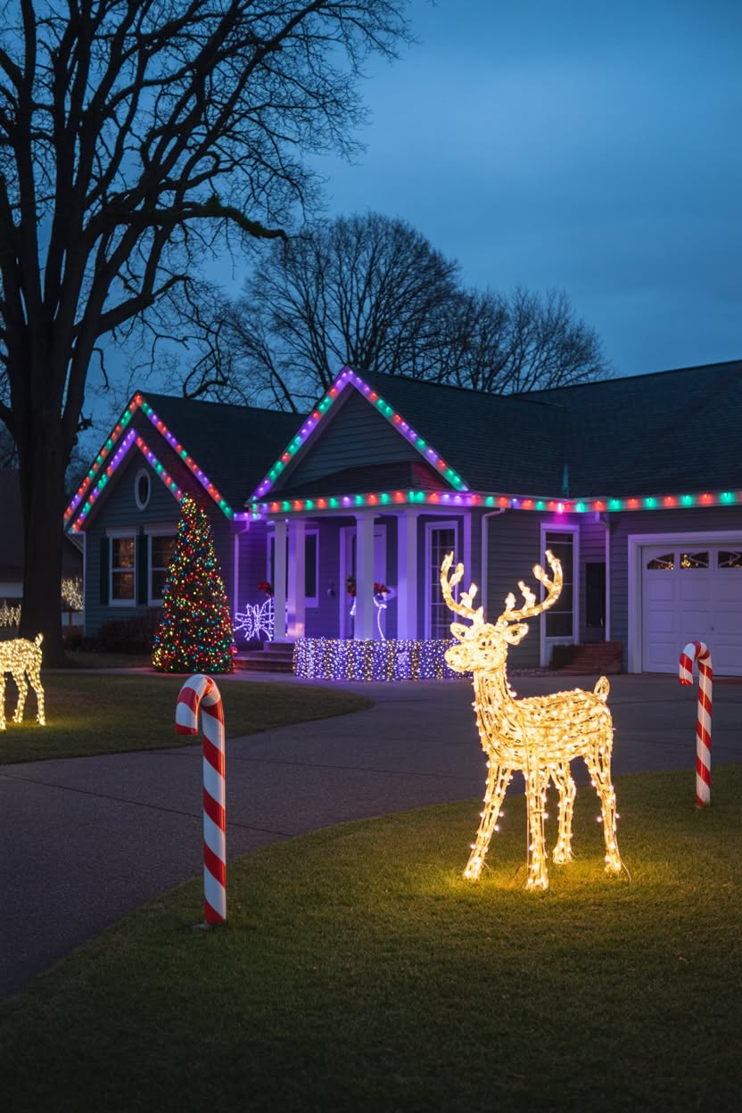 front yard with inflatable snowman and santa sleigh plus colorful string lights on bushes