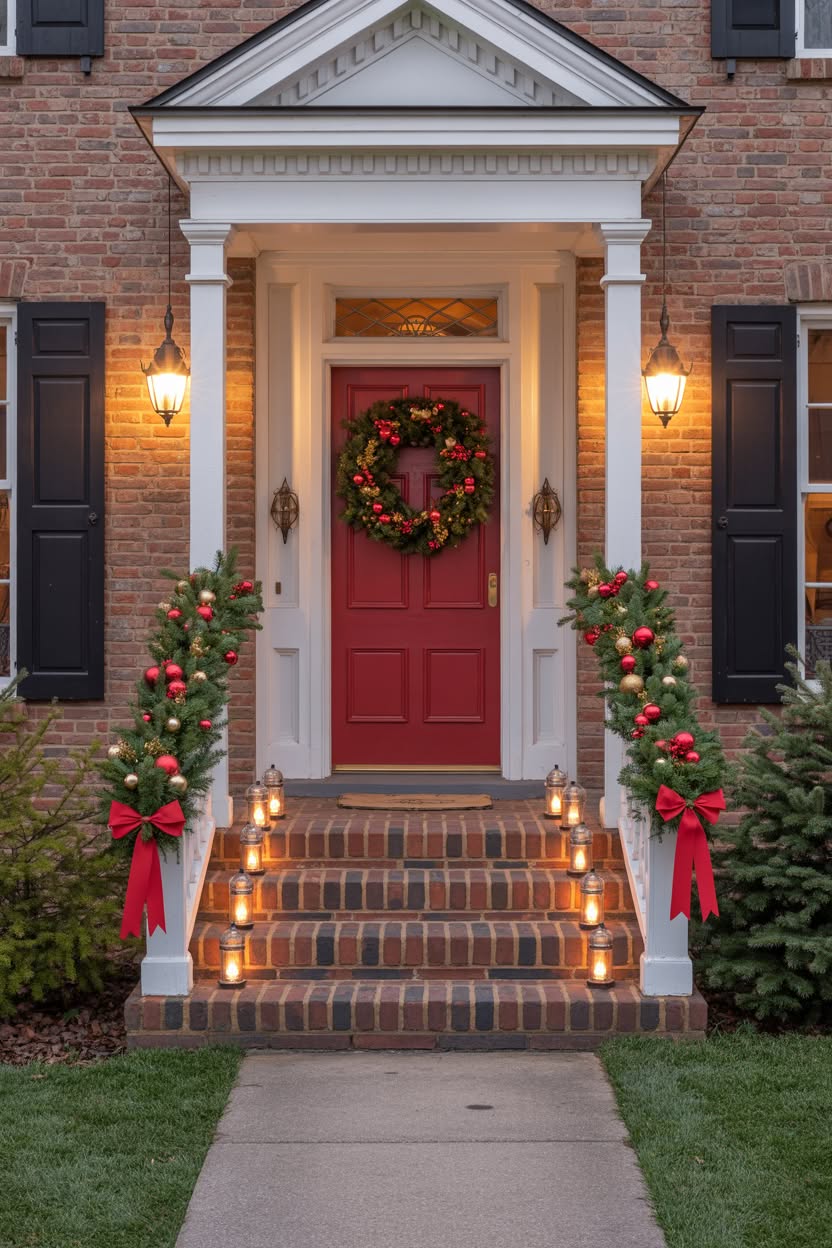 elegant black door with simple evergreen wreath flanked by matching potted trees and cotton ball lights