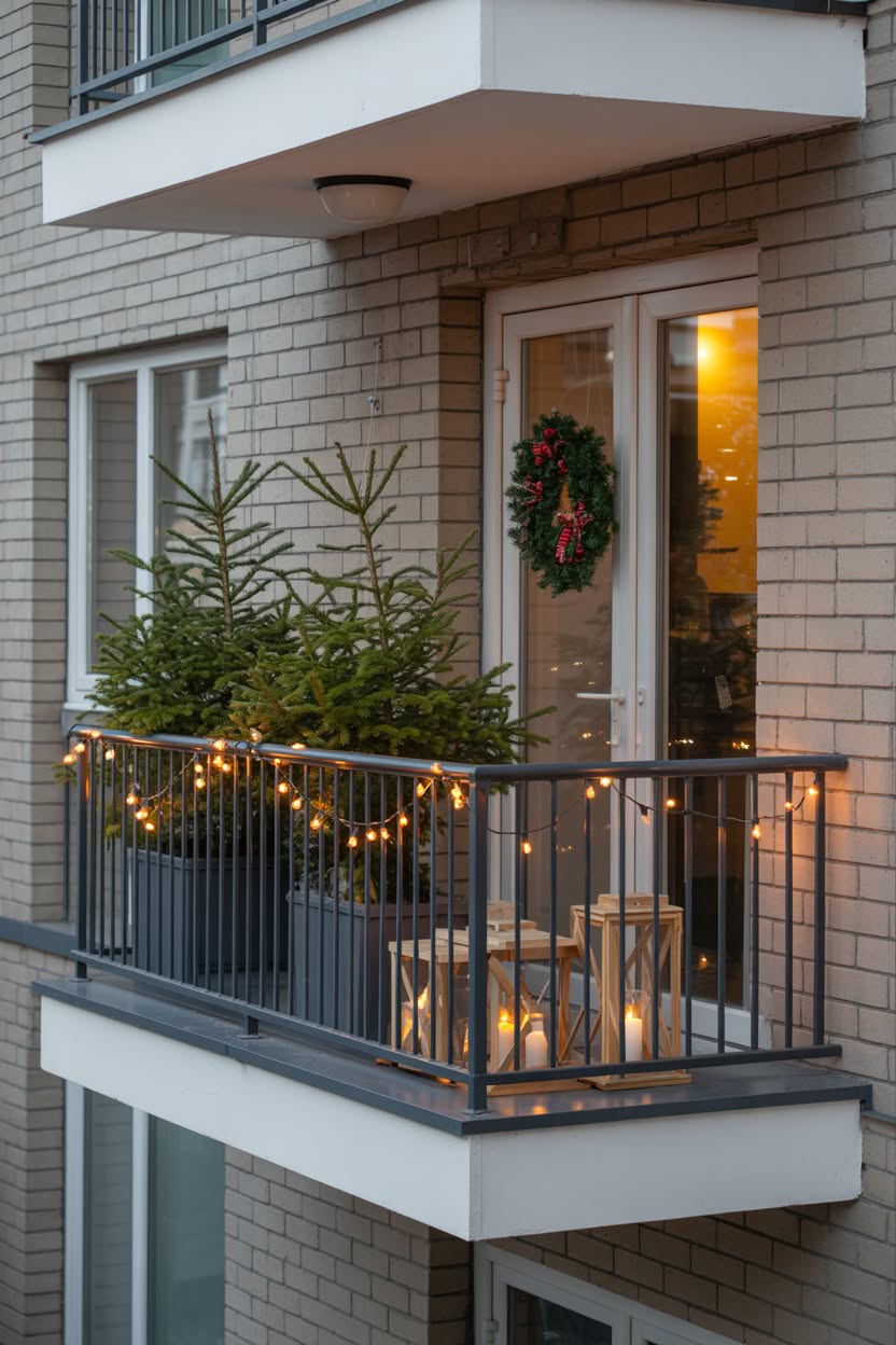 log cabin porch with evergreen garland plaid bows wreaths on shutters and lanterns with plaid pillows