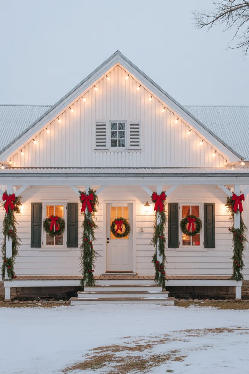 white farmhouse with string lights along roofline fresh garland with red bows on porch columns and wreaths