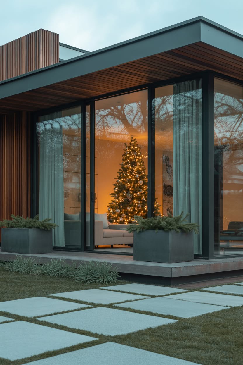 contemporary home exterior with illuminated christmas tree visible through floor to ceiling windows and evergreen planters