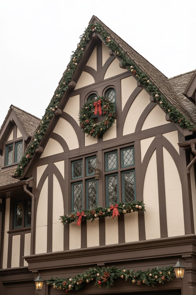 tudor style house with christmas garland draped along roofline and window boxes with ornate wreath