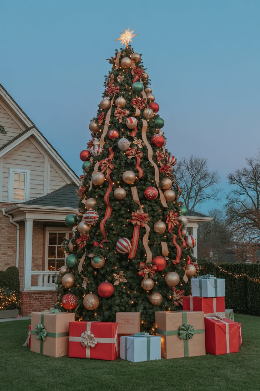 large decorated outdoor christmas tree with oversized ornaments ribbons and wrapped gift boxes at base