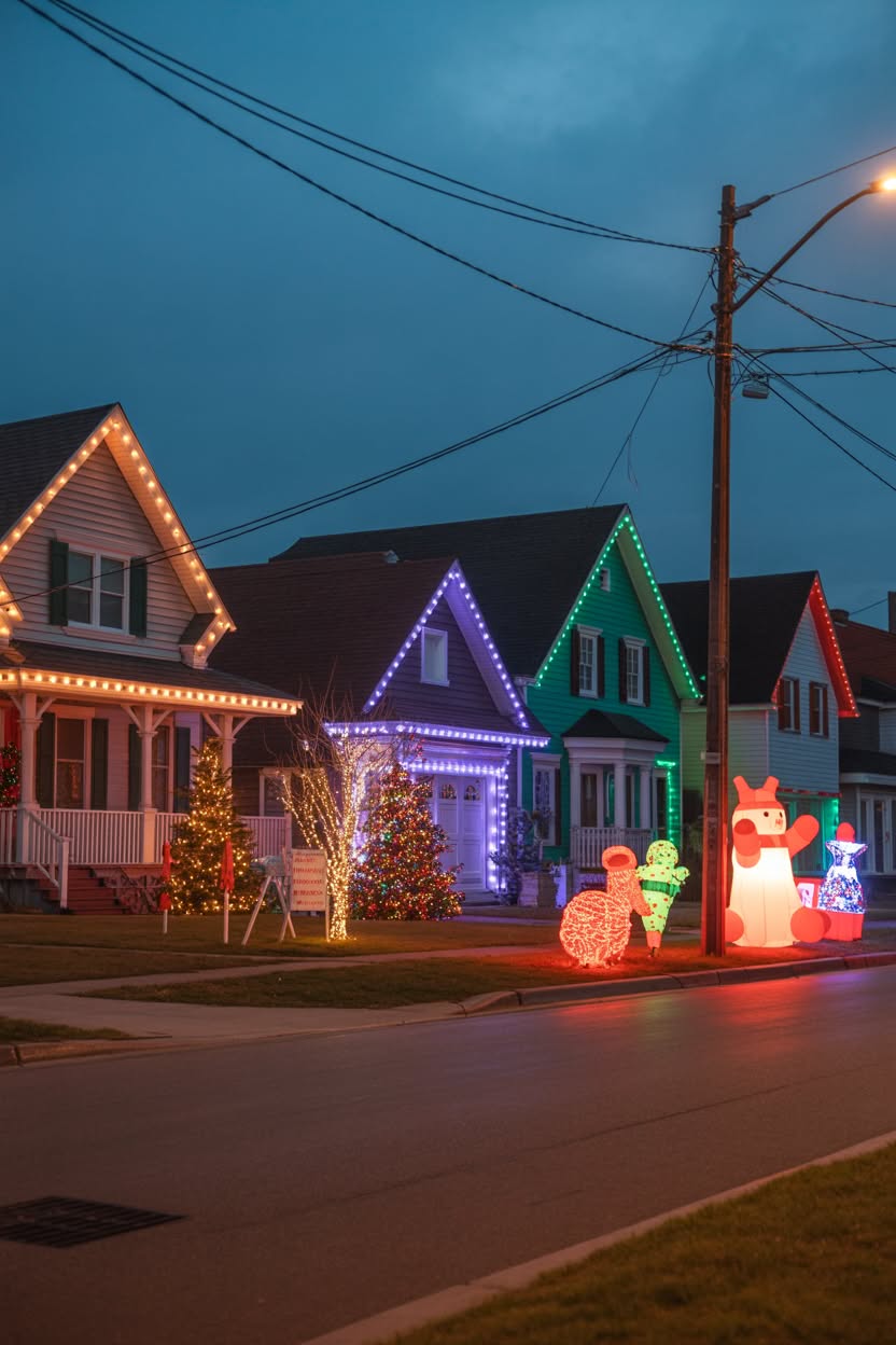 row of houses with colorful christmas lights on rooflines and illuminated inflatable decorations in yards