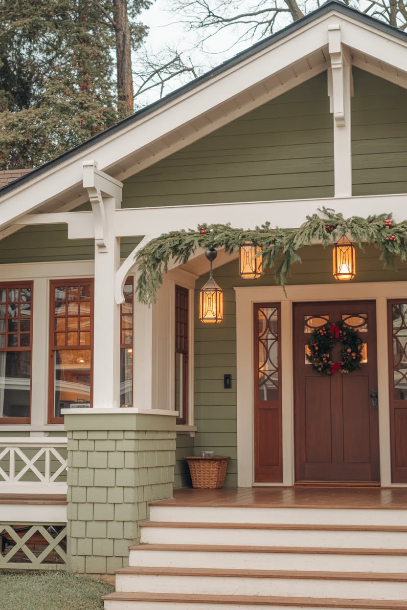 craftsman home entrance with hanging lanterns fresh evergreen garland with red berries and wreath on wooden door