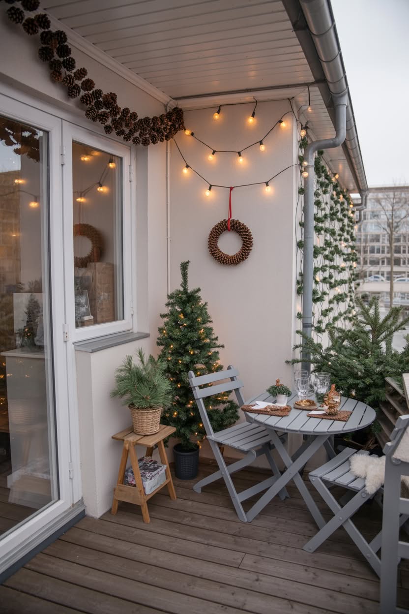 small apartment balcony decorated with mini christmas trees string lights pinecone wreath and bistro table