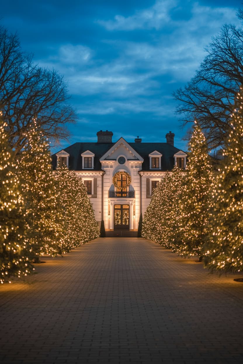 grand mansion entrance with driveway lined by illuminated trees and elegant wreath above doorway at twilight