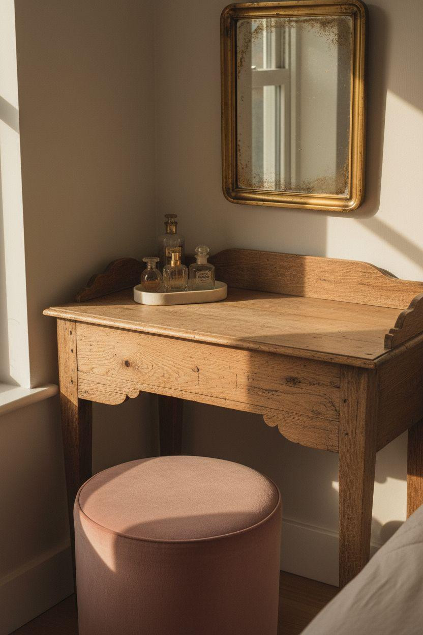 Vanity Ideas Bedroom - compact corner vanity with vintage brass mirror