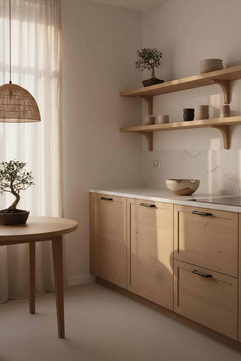 japandi kitchen design compact with oak and marble