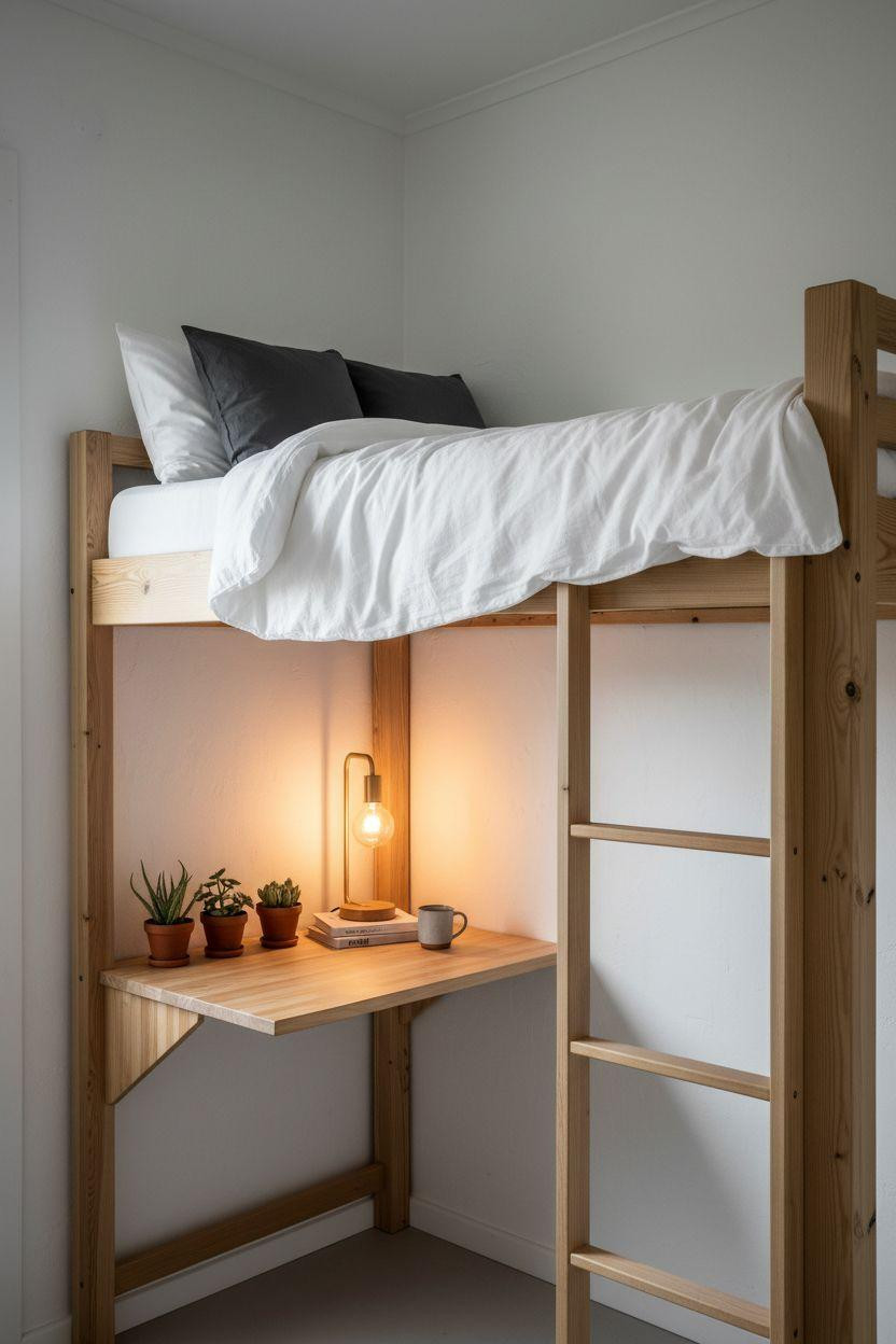 budget loft bed small space with light pine construction and metal ladder above floating desk