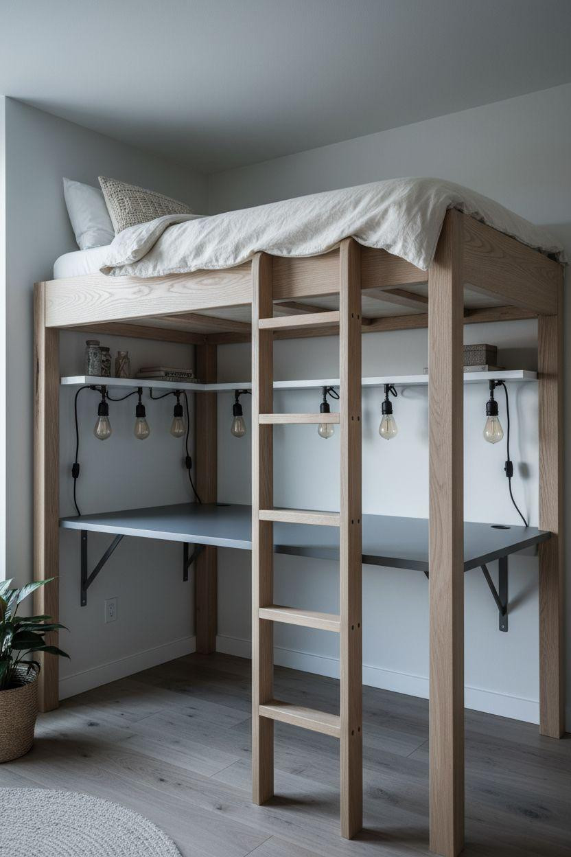modern loft bed Ideas - white oak with integrated desk