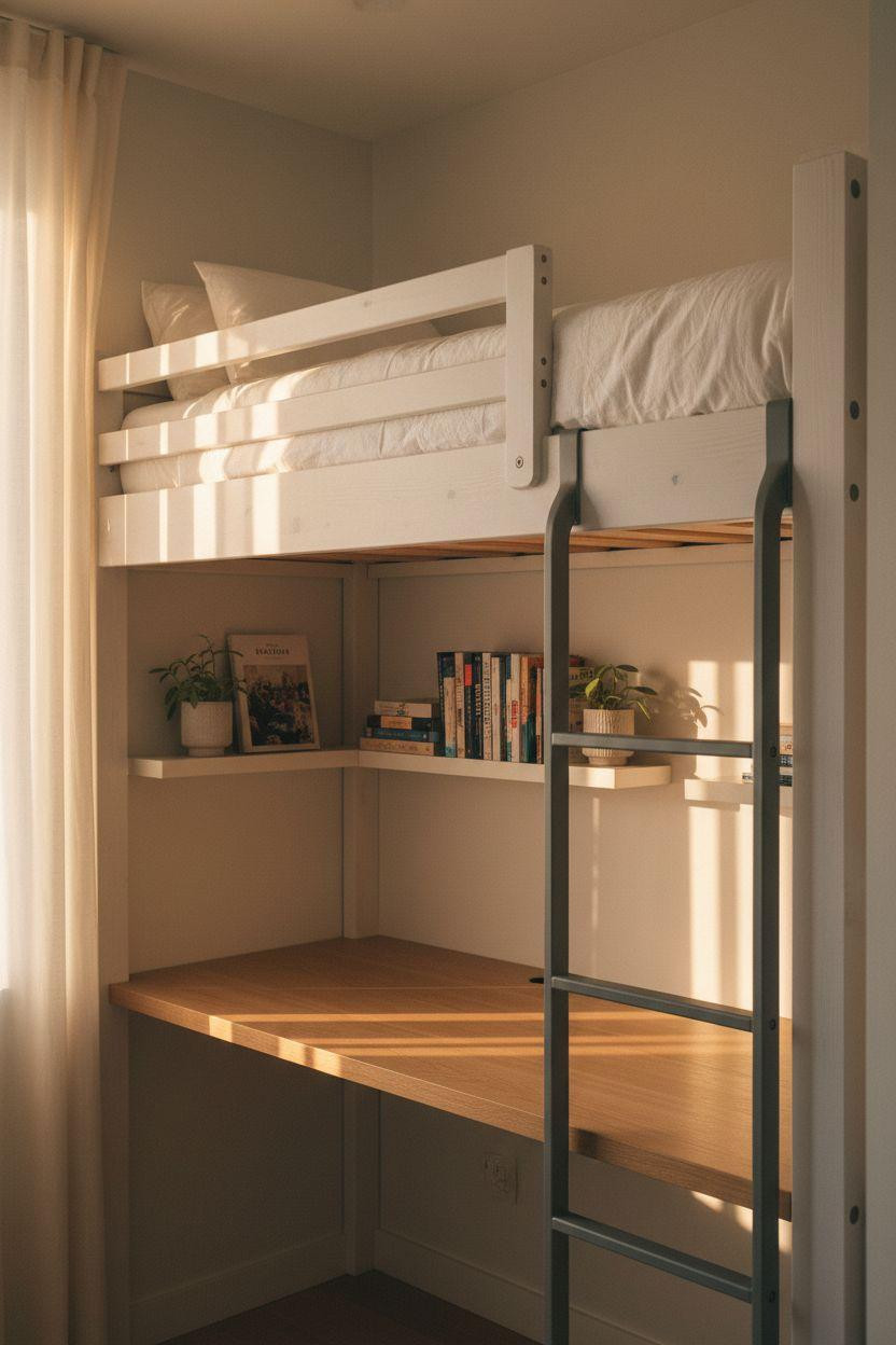 Loft Bed Decorating Ideas - white twin loft bed with built-in desk for small rooms