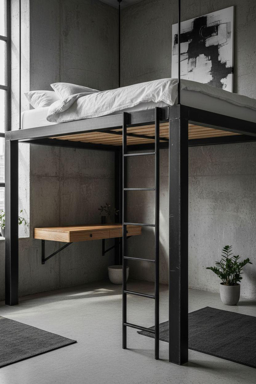 modern loft bed Ideas - black steel with geometric ladder