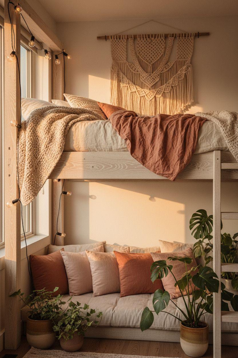 Loft Bed Decorating Ideas - bohemian loft bed with warm textiles and plants
