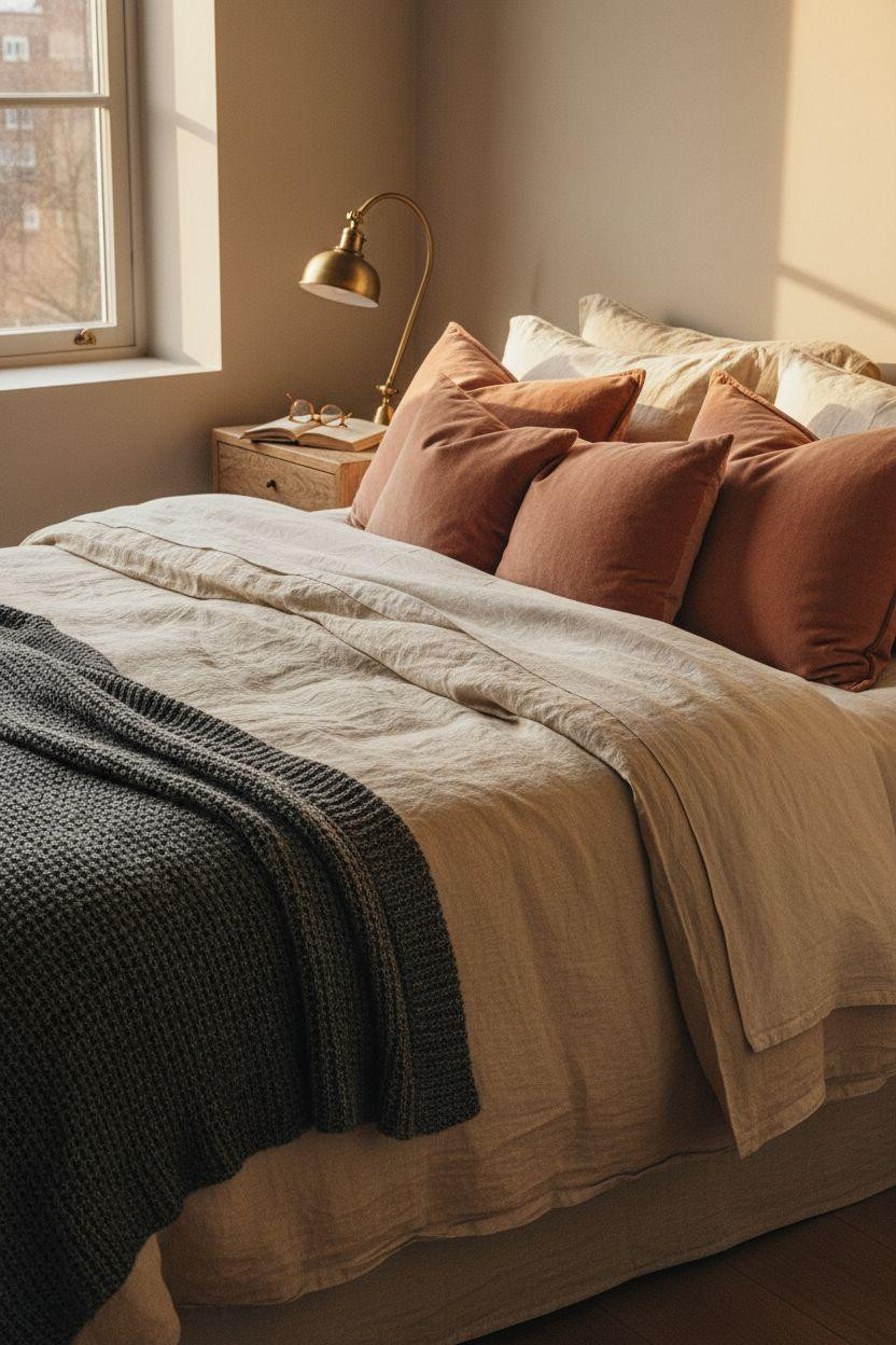 Boutique hotel bedroom Ideas - layered textiles with intimate lighting