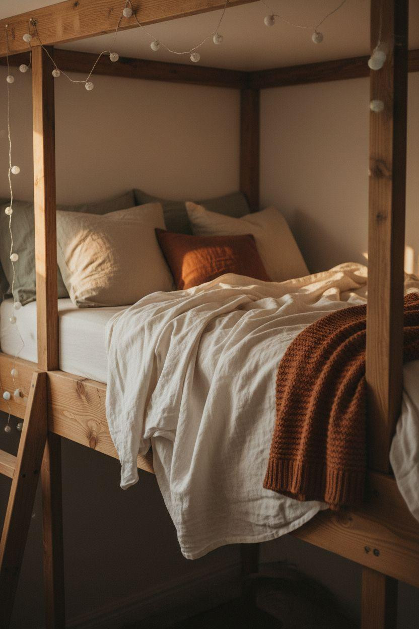 Loft Bed Decorating Ideas - layered textiles on wooden loft bed with warm lighting