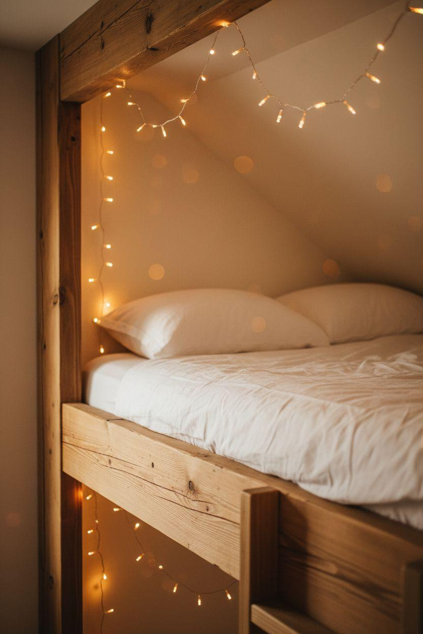 loft bed fairy lights cascading across reclaimed pine frame creating magical sleeping nook atmosphere
