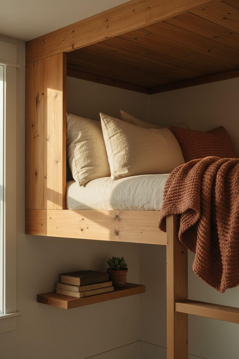 loft bed reading corner with reclaimed pine frame and plush cushions below in compact bedroom