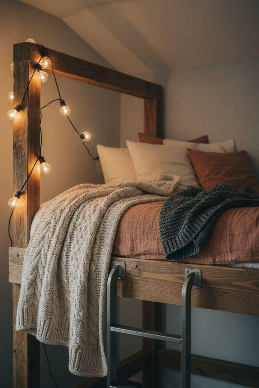 modern loft bed Ideas - chunky knits with string lights