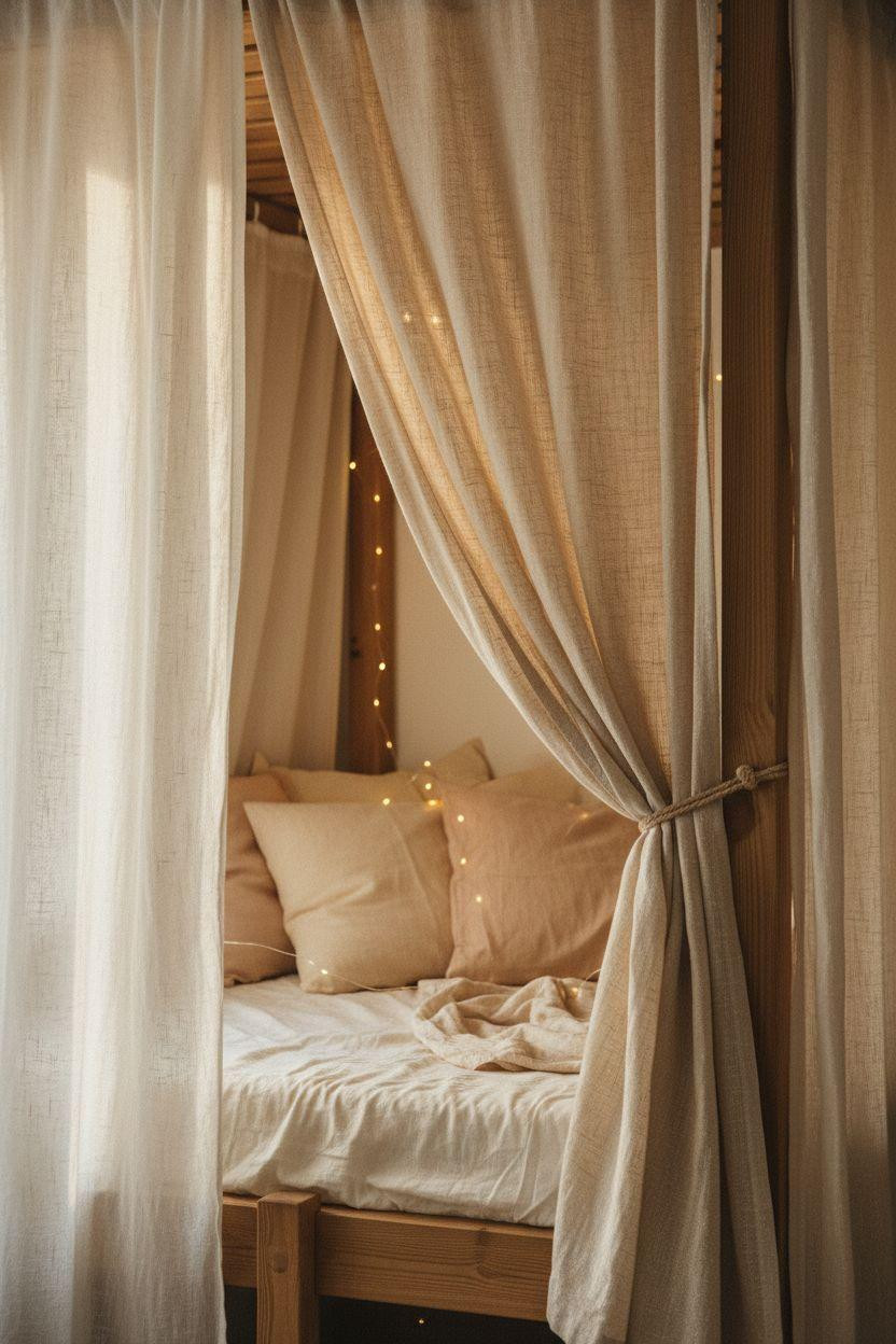 loft bed curtain ideas with flowing linen drapes creating cozy sleeping nook with fairy lights