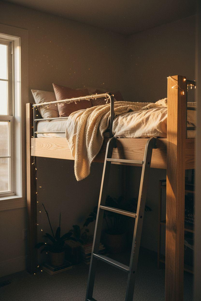 loft bed cozy setup with reclaimed white oak frame and fairy lights in small bedroom