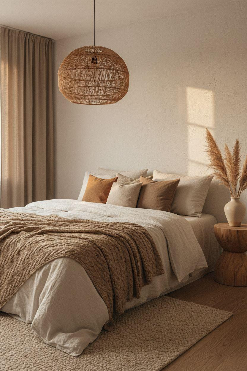 Neutral Bedroom Decor - cozy neutral bedroom with rattan pendant light