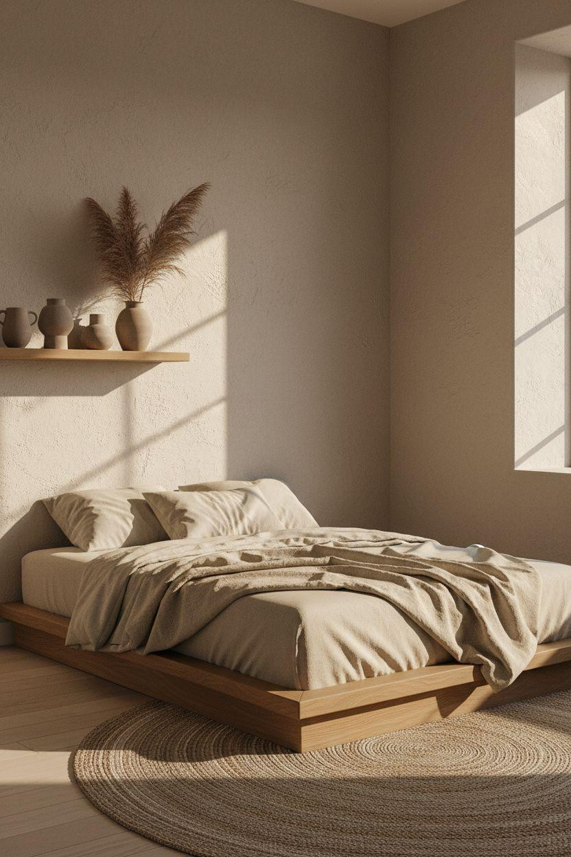 Neutral Bedroom Decor - small neutral bedroom with textured plaster wall