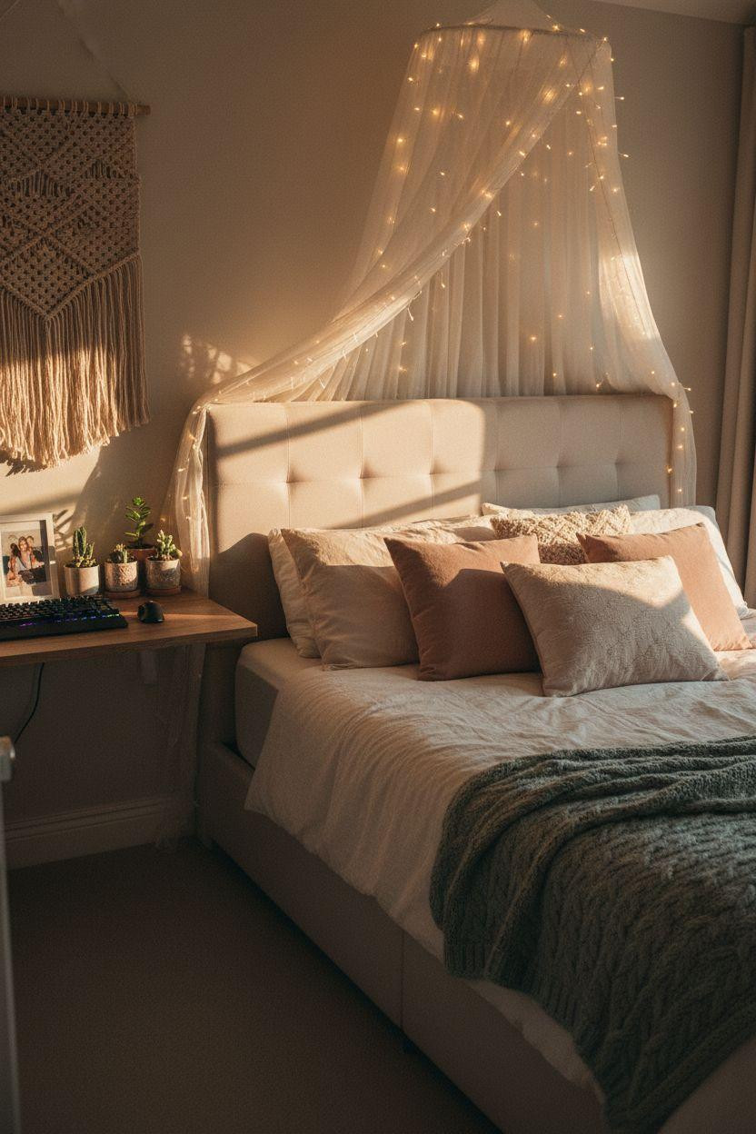 Bloxburg Bedroom Ideas - pink teen bedroom with fairy lights