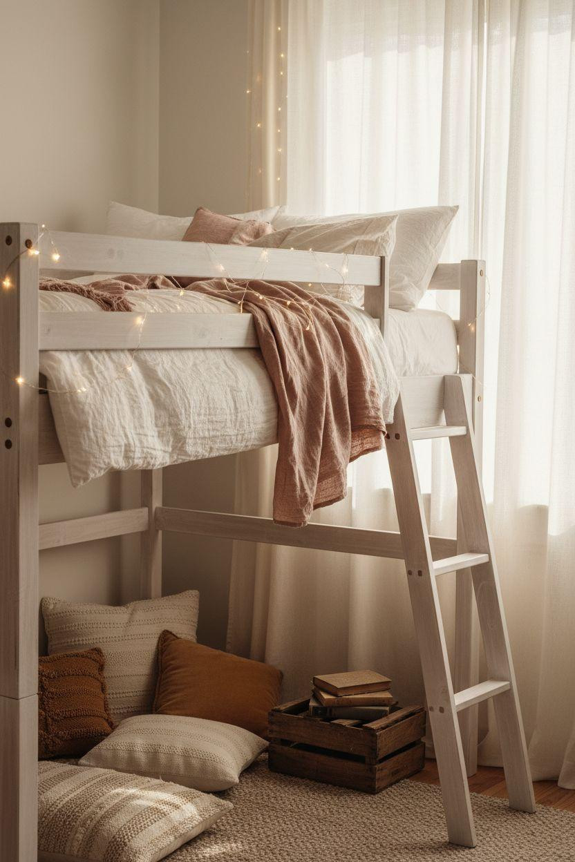 Loft Bed Decorating Ideas - whitewashed loft bed with string lights and reading nook