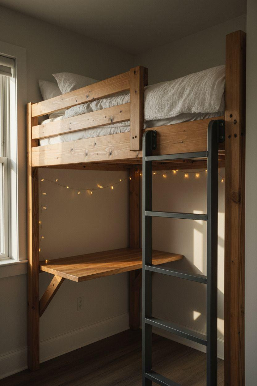 diy loft beds for small rooms with reclaimed pine wood and floating desk workspace underneath
