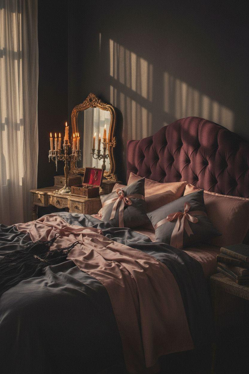 Dark feminine bedroom sanctuary with velvet headboard