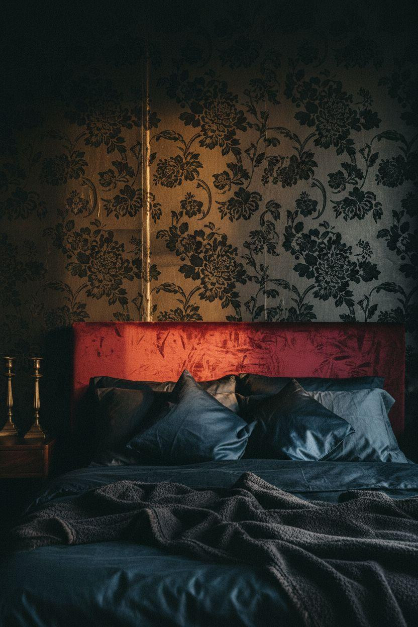 Dark feminine bedroom with black floral wallpaper