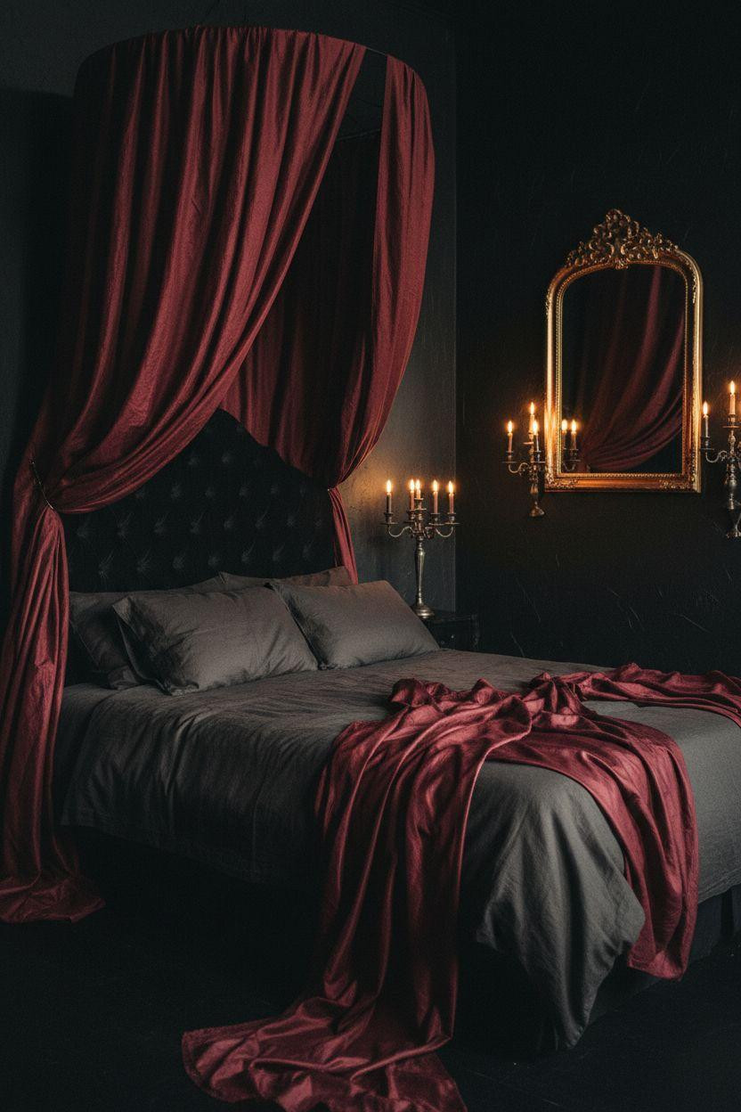 Dark feminine bedroom with black velvet canopy bed