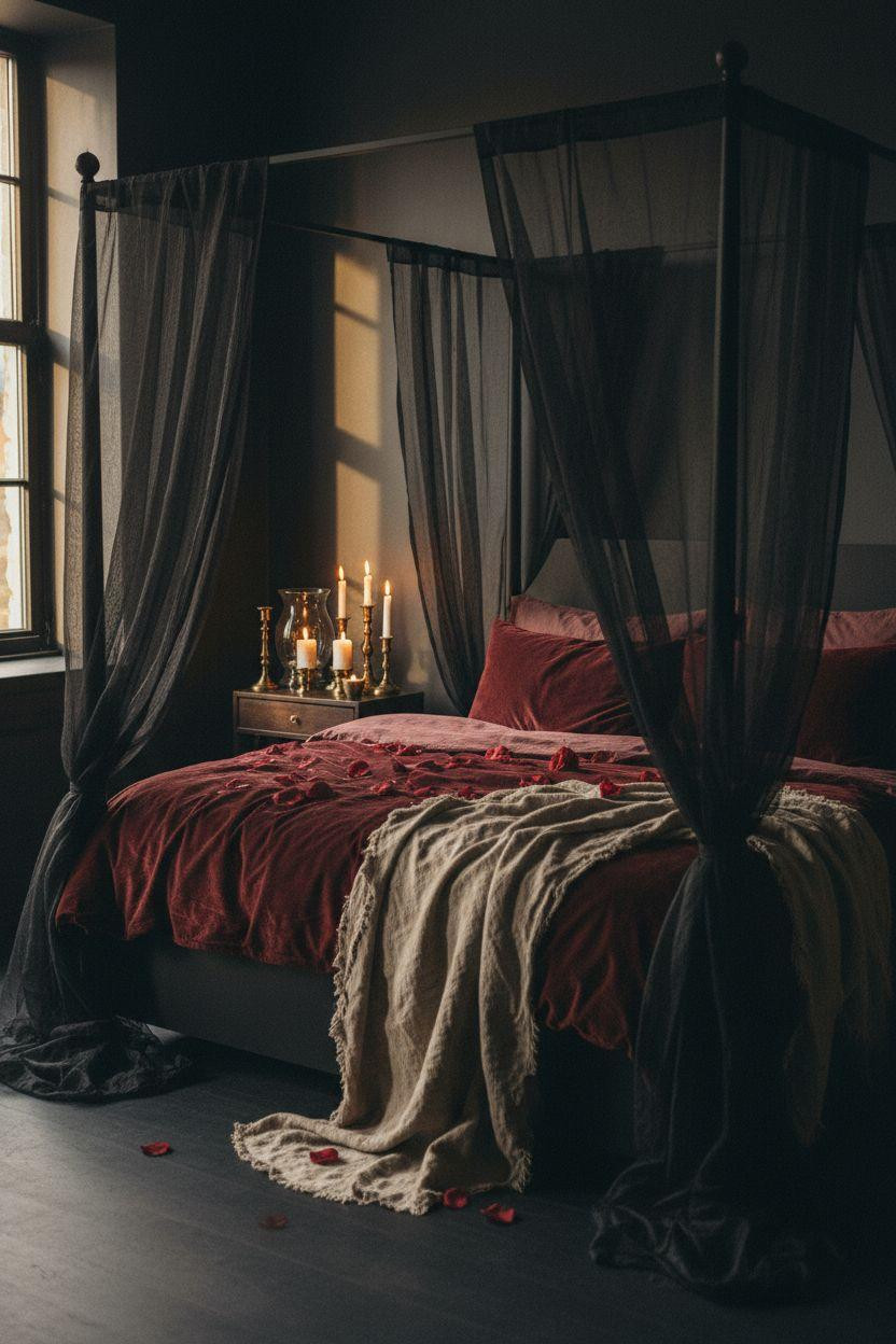 Dark feminine bedroom sanctuary with romantic canopy