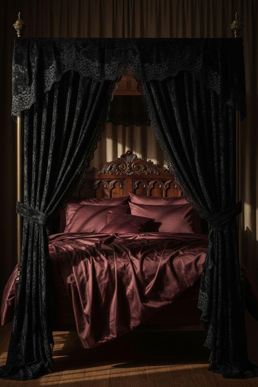 Dark feminine bedroom with opulent canopy bed