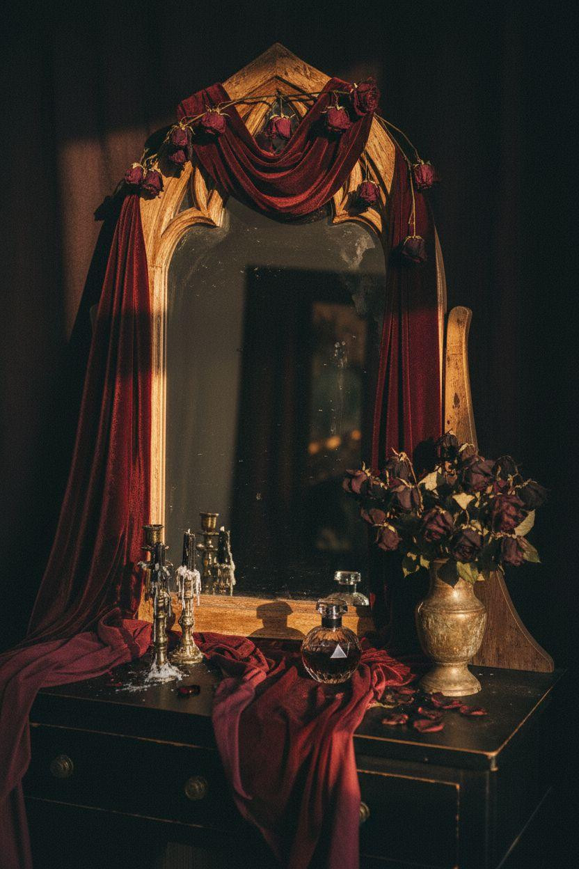 Dark feminine bedroom vanity with gothic mirror