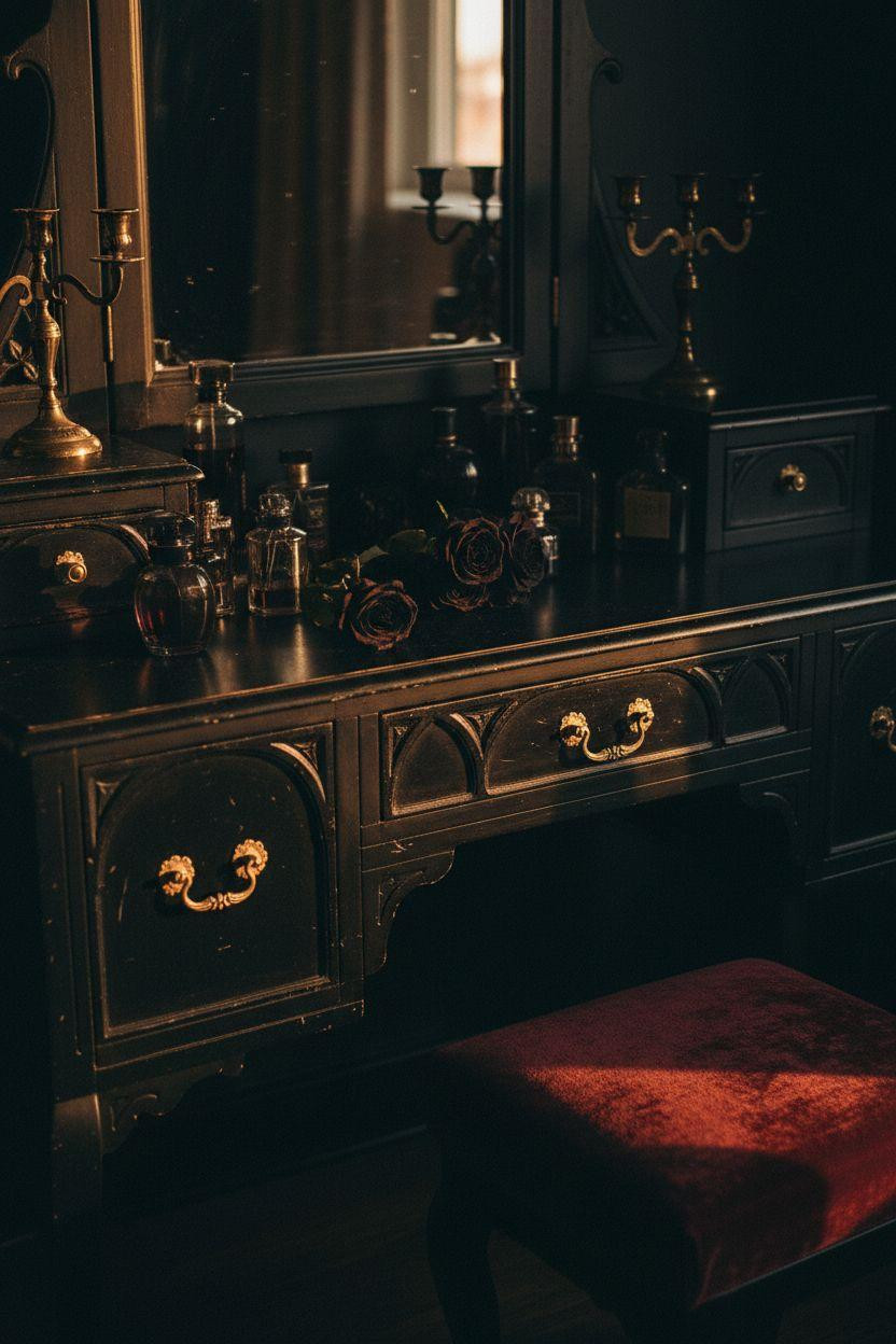 Dark feminine bedroom vanity with gothic elegance