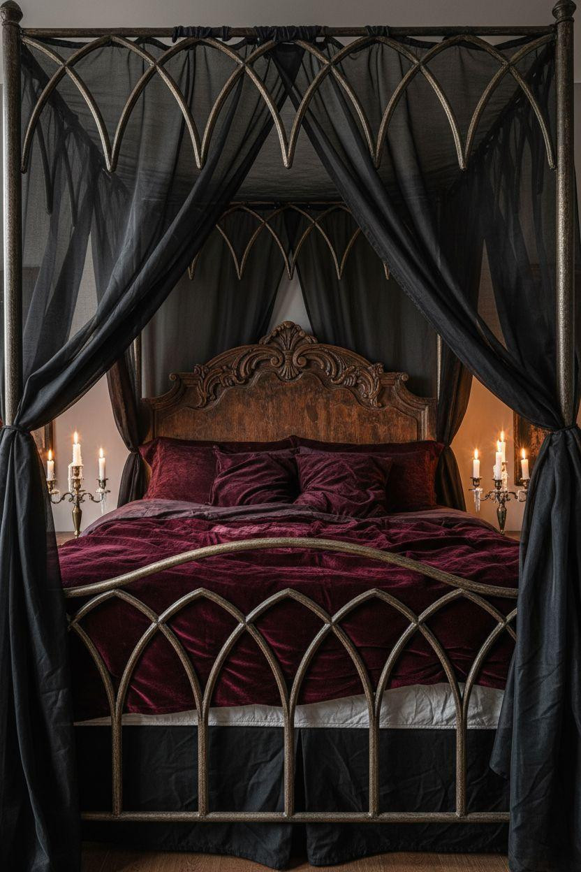 Dark feminine bedroom with gothic four-poster canopy