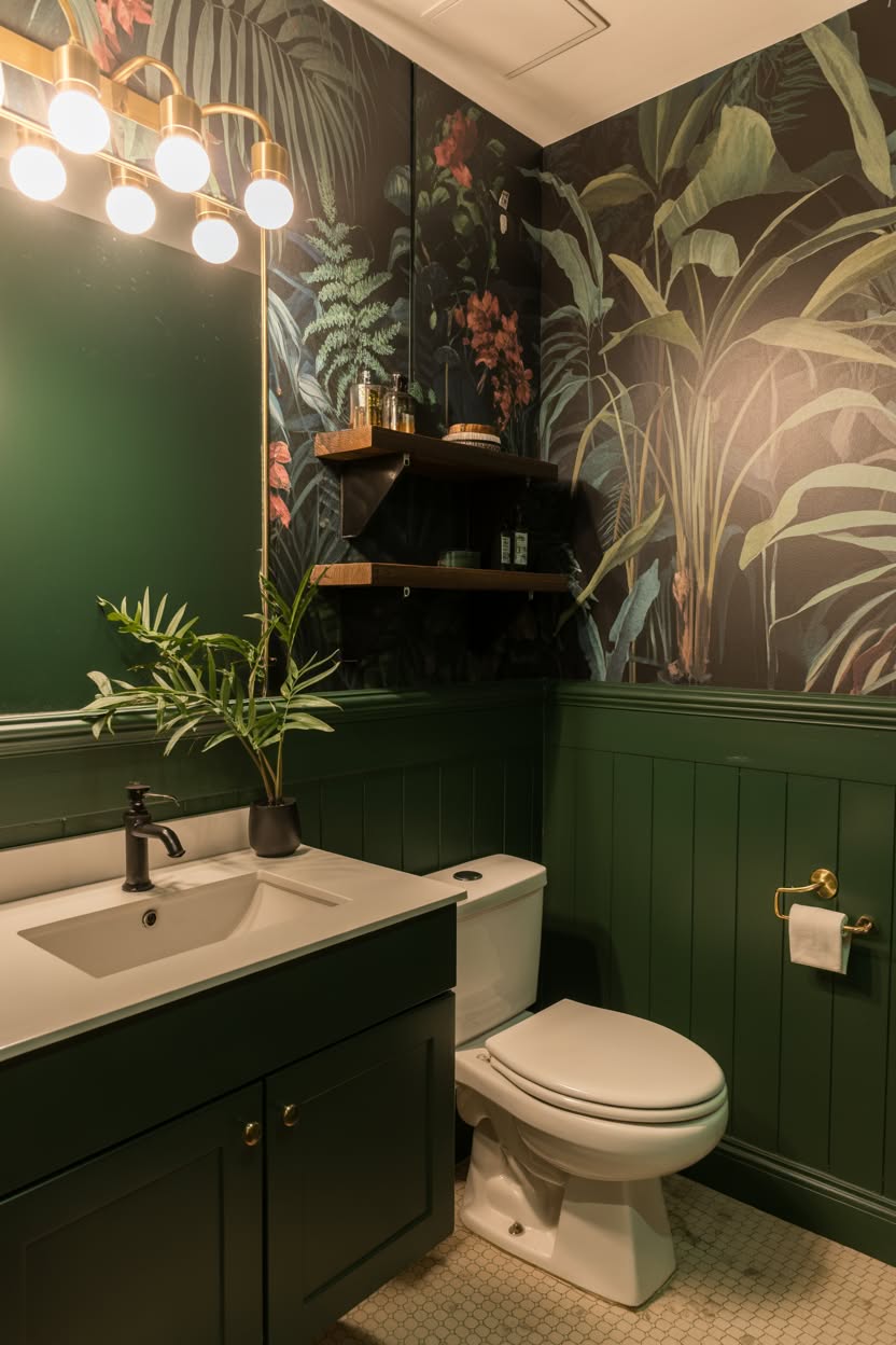 Dramatic powder room with tropical dark wallpaper, green wainscoting, and gold fixtures