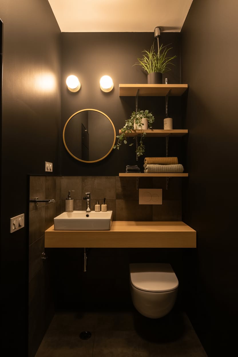 Sophisticated charcoal bathroom with floating wood shelves, vessel sink, and modern lighting