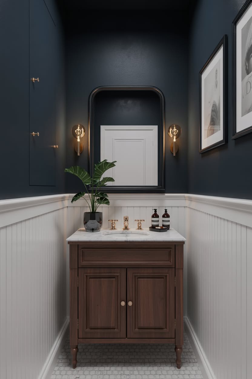 Traditional navy blue bathroom with white beadboard, pedestal sink, and vintage mirror